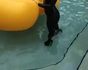 Carrie LaChance in black latex catsuit for a photoshoot